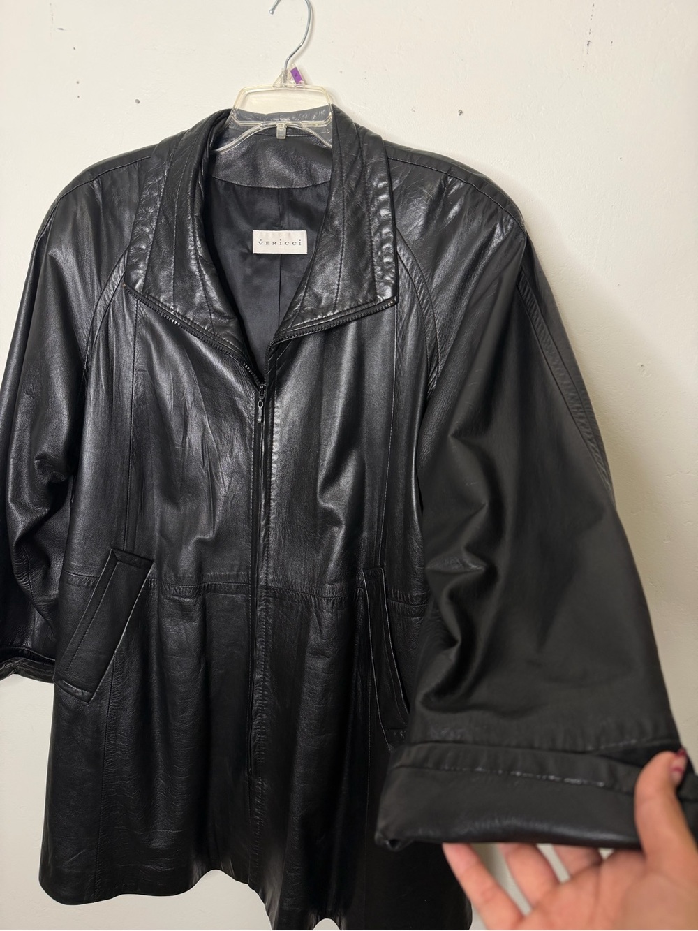 Vintage Vericci Black Genuine Leather Jacket 90s Oversized Coat Medium